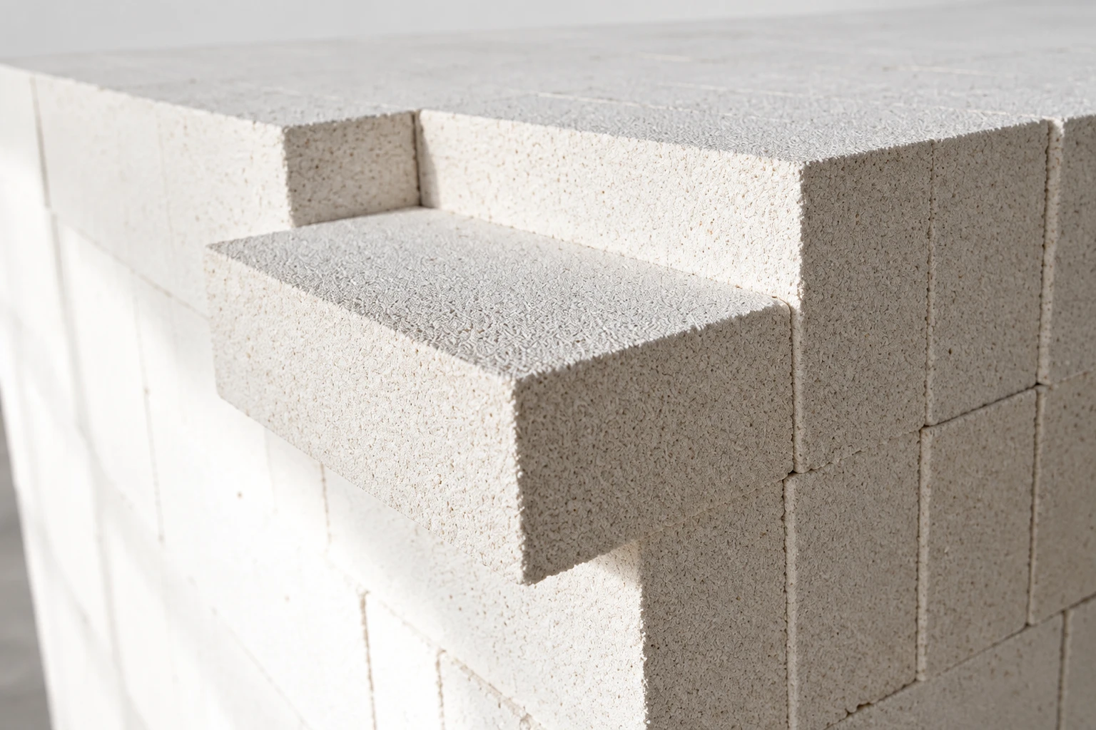 Porous insulating firebricks stacked with one brick projecting forward